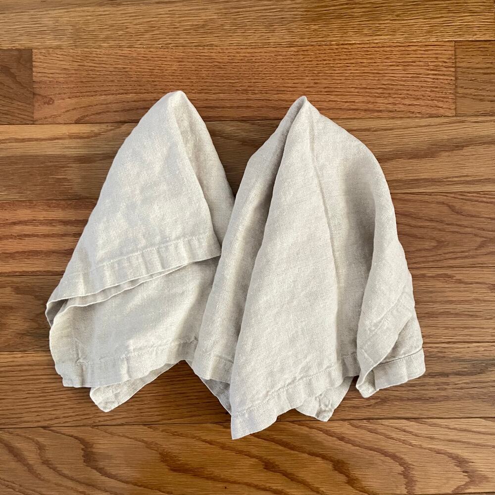 Simon Pearce Natural Ivory Hemmed Flax Linen Napkins Set of 2 Large 23.5x16